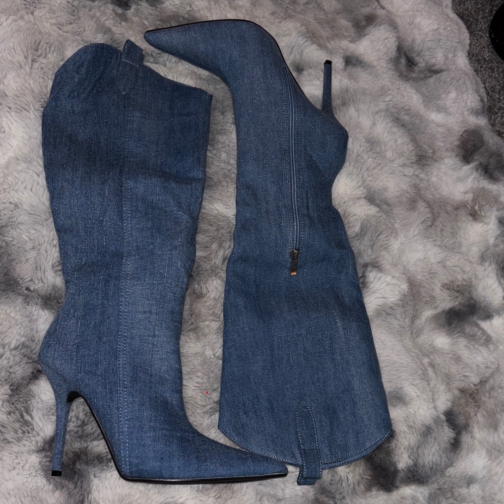 Fashion Nova Blue Denim Heeled Boots